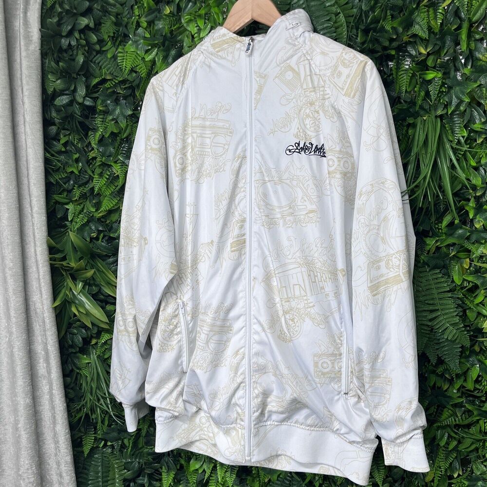 Y2K ECKO UNLTD‎ Jacket Men XL White Full Zip All Over Print Hidden Hoodie 2355